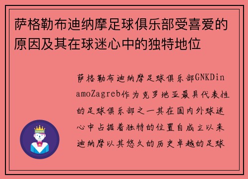 萨格勒布迪纳摩足球俱乐部受喜爱的原因及其在球迷心中的独特地位