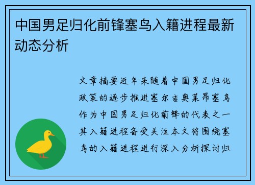 中国男足归化前锋塞鸟入籍进程最新动态分析