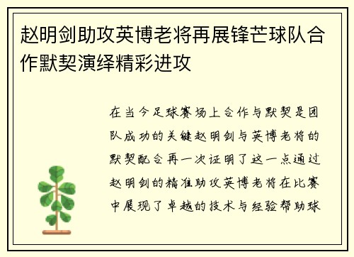赵明剑助攻英博老将再展锋芒球队合作默契演绎精彩进攻 赵明剑助攻英博老将再展锋芒球队合作默契演绎精彩进攻